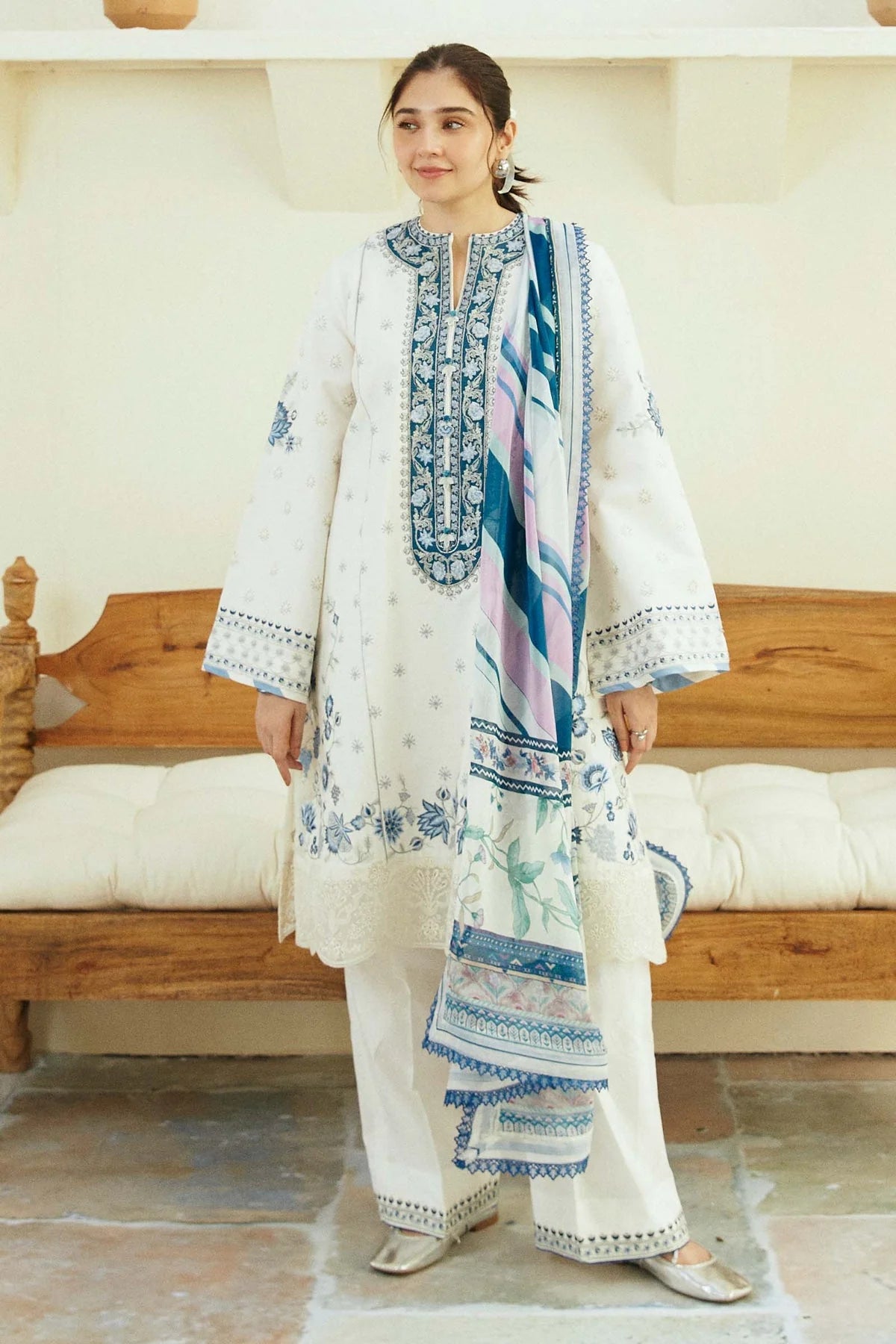 ZARA SHAHJAHAN EMBROIDERED LAWN- 3PC WITH SLUB NET PRINTED DUPATTA - 1002