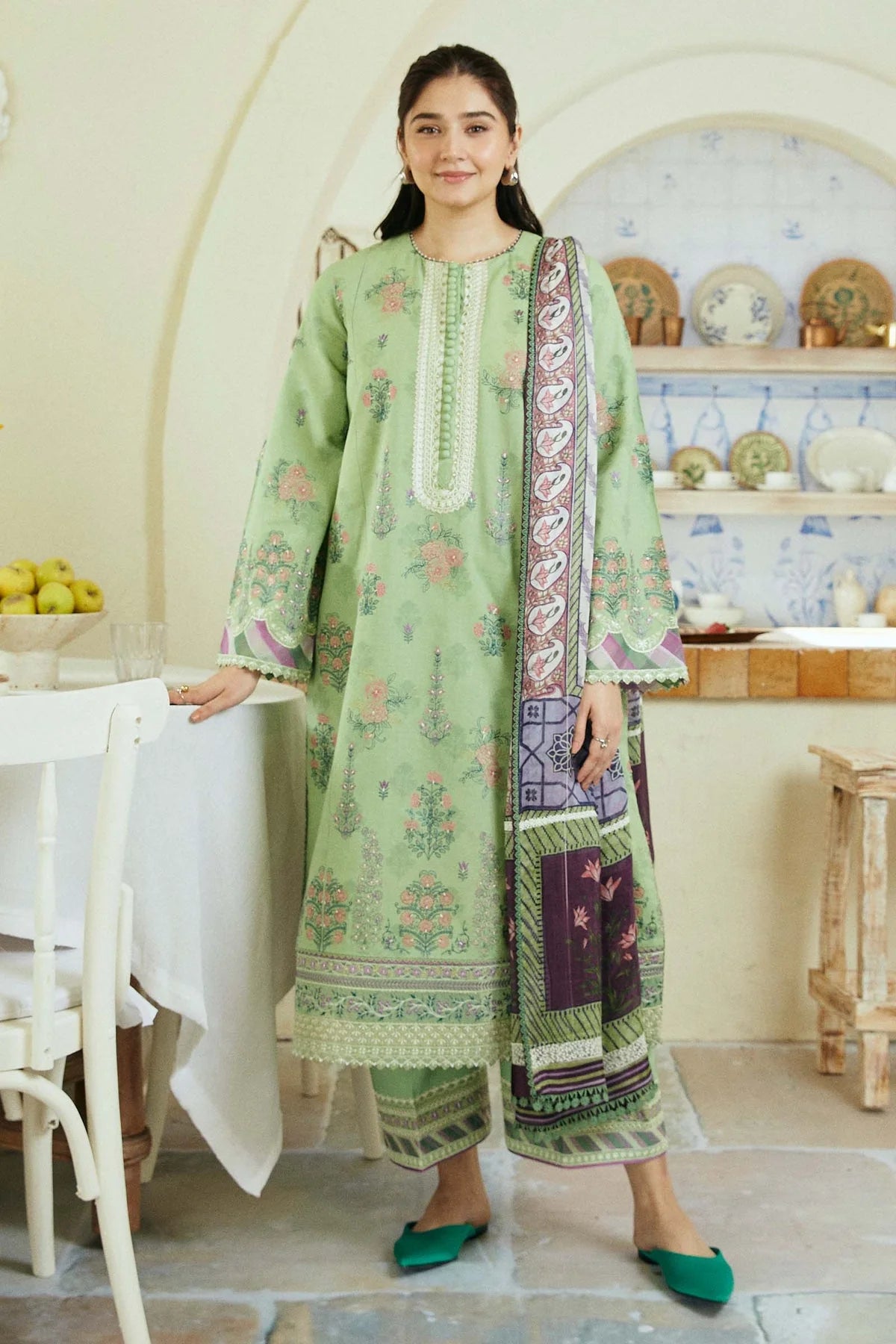 ZARA SHAHJAHAN EMBROIDERED LAWN- 3PC WITH SLUB NET PRINTED DUPATTA - AW1007