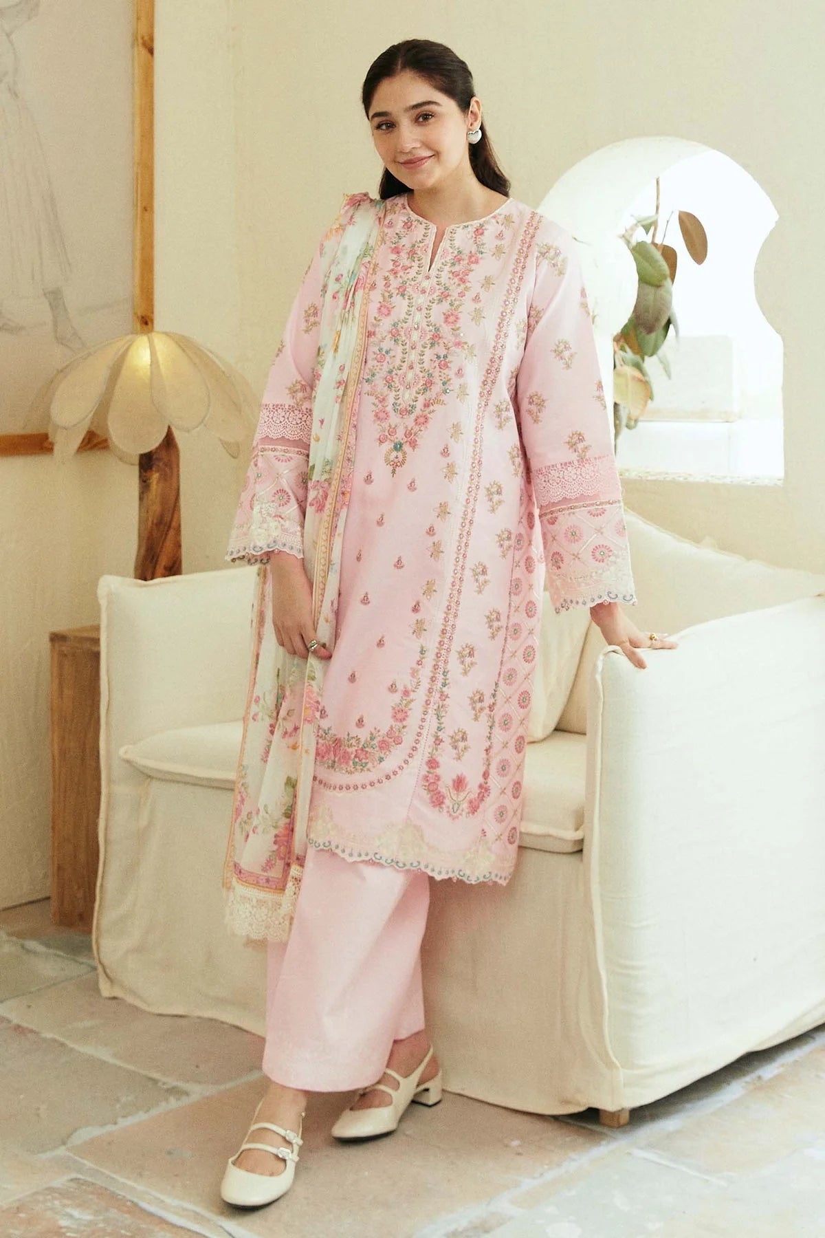 ZARA SHAHJAHAN EMBROIDERED LAWN- 3PC WITH SLUB NET PRINTED DUPATTA - AW1008